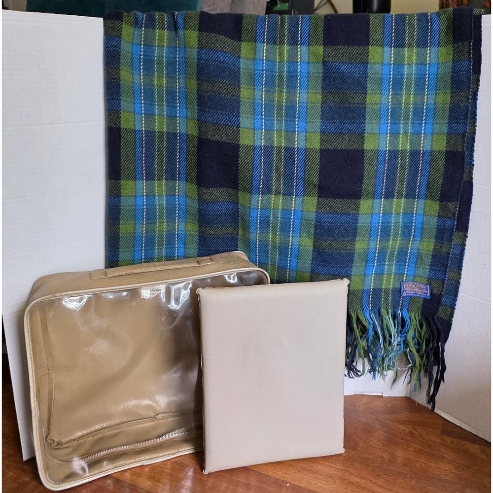 Pendelton Wool Blanket Plaid Blue Green Throw 100% Pure Virgin Wool 48 x 76" USA
